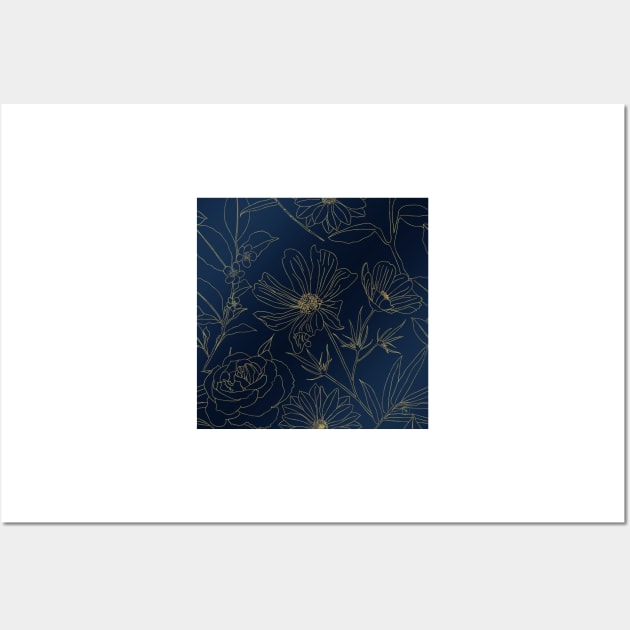 Elegant Blue Gold Flowers Line Art Wall Art by NdesignTrend